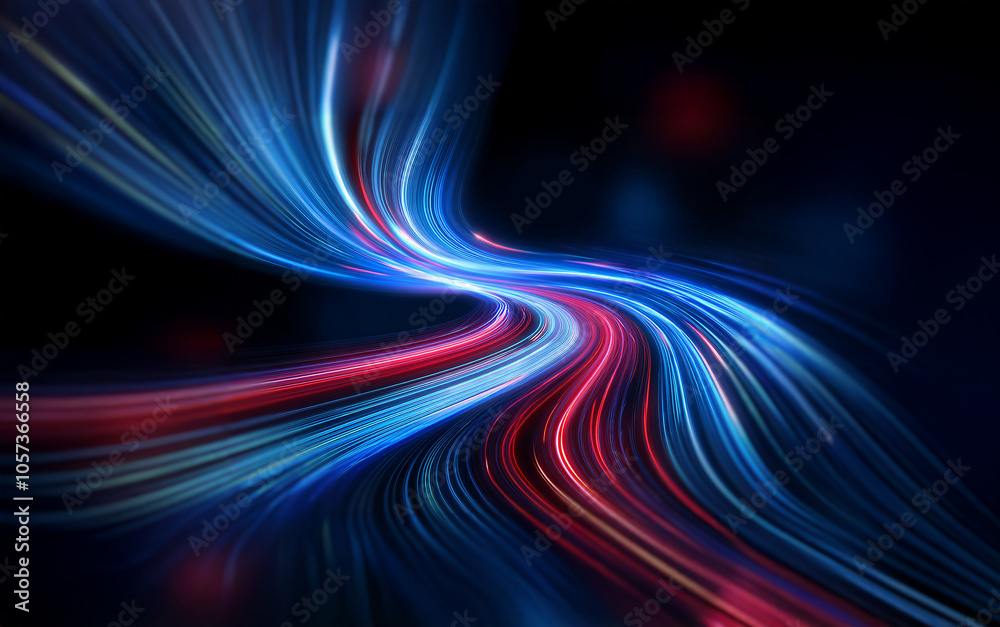 Abstract digital art with blue and red streaks of light that twist and turn on a black background.