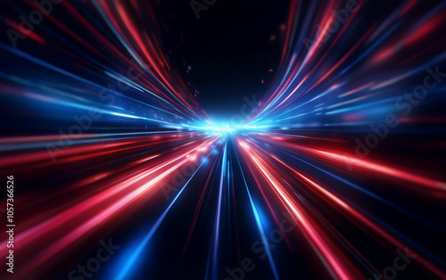 Abstract streaks of red and blue light converge in the distance against a black background.