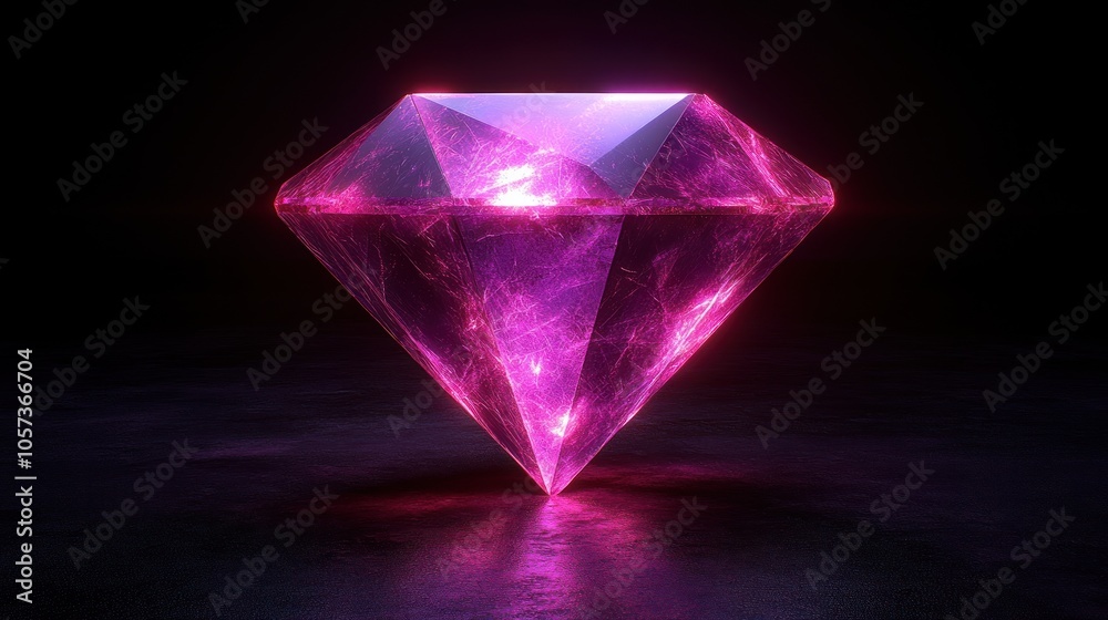 A glowing pink diamond with a faceted surface, set against a dark background. A glowing pink diamond with a faceted surface, set against a dark background.