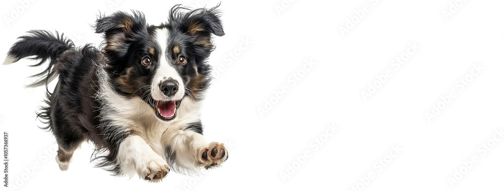 Fototapeta premium Joyful border collie jumping with excitement against a clean white background. Header banner mockup with copy space.