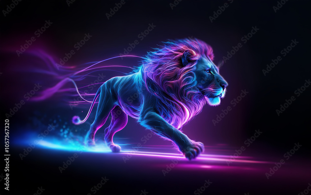 A majestic lion with glowing mane and tail, running across a dark background with a luminous trail. A majestic lion with glowing mane and tail, running across a dark background with a luminous trail.