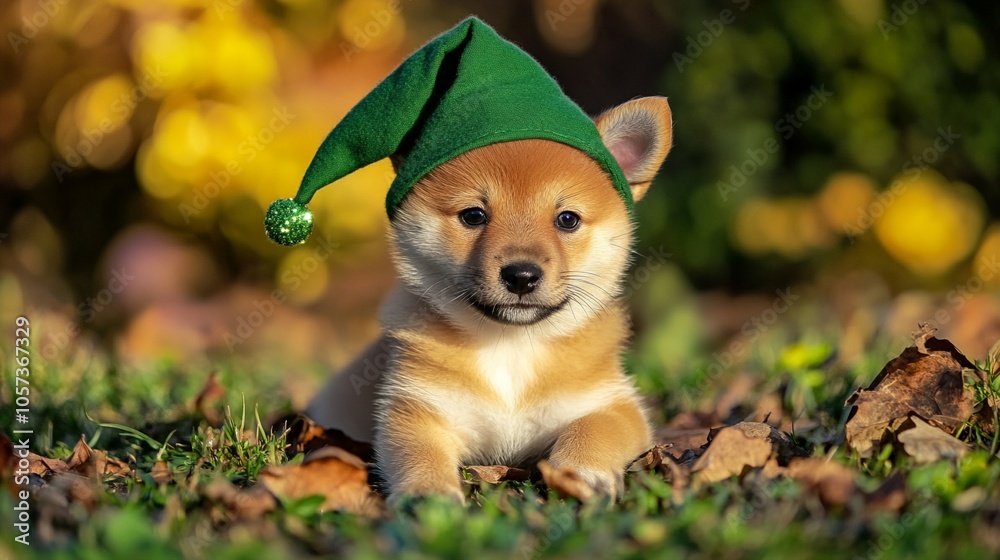 Adorable Shiba Inu puppy wearing a festive green elf hat sits in autumn leaves, surrounded by golden bokeh lights, creating a magical holiday atmosphere. Adorable Shiba Inu puppy wearing a festive green elf hat sits in autumn leaves, surrounded by golden bokeh lights, creating a magical holiday atmosphere.