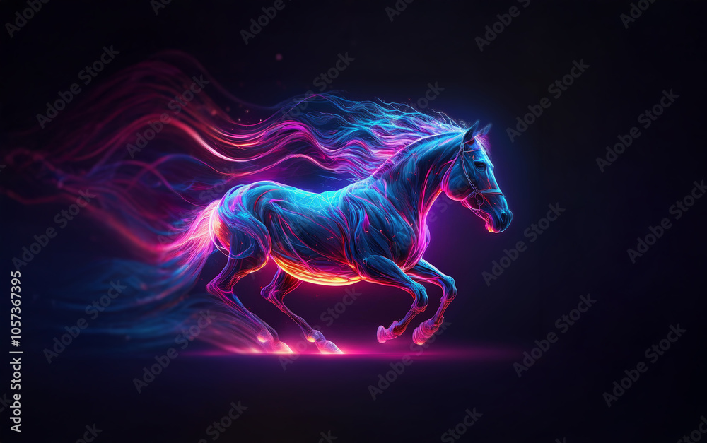 A vibrant horse gallops forward, its mane and tail flowing like flames of pink and blue. A vibrant horse gallops forward, its mane and tail flowing like flames of pink and blue.