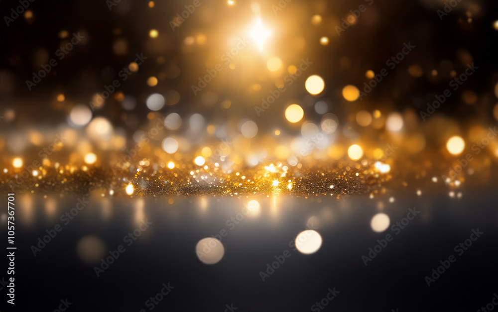 Obraz premium A dark background with an out of focus spotlight and scattered gold glitter.