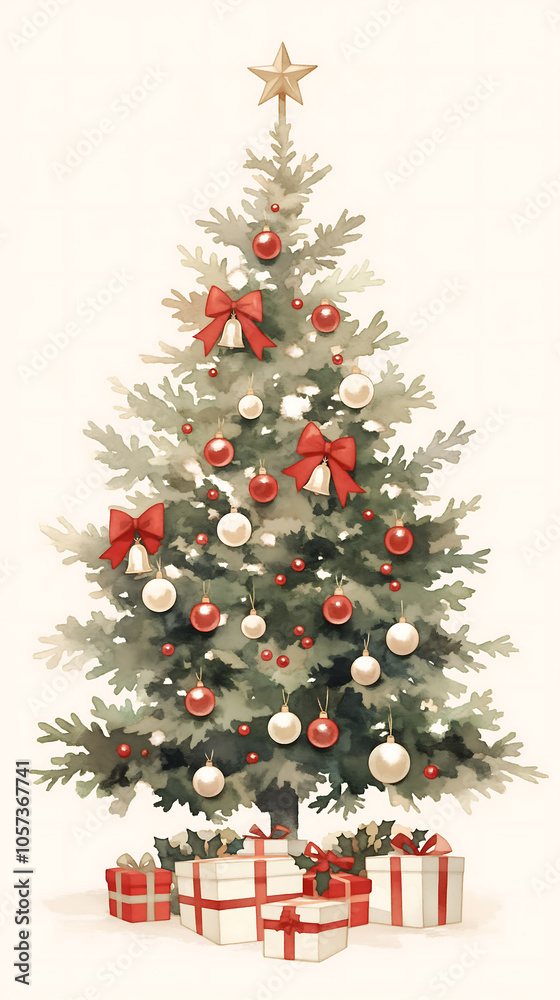 Christmas tree with small velvet bows on white background for a holiday card. Christmas tree with small velvet bows on white background for a holiday card.
