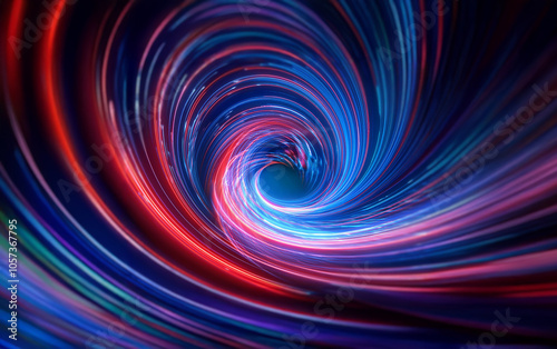 A swirling vortex of vibrant red, blue, and teal light creates a mesmerizing pattern.