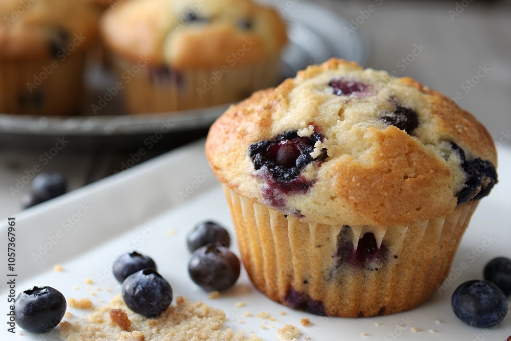 Close-up of a blueberry muffin with selective emphasis on the front of the muffin Close-up of a blueberry muffin with selective emphasis on the front of the muffin