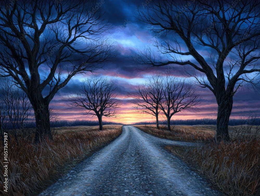 Twilight Road in a Deserted Rural Landscape