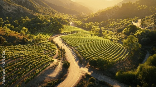 High-angle view of a road winding through a valley of vineyards, sunlight casting gentle photo