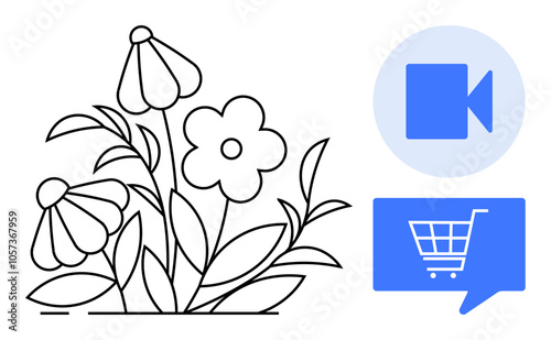 Flowers with stems and leaves, blue camera icon, and shopping cart icon. Ideal for digital communication, e-commerce, online shopping, nature themes, education, gardening, multimedia presentations