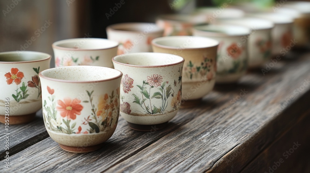 A row of delicate ceramic teacups with floral patterns on a rustic wooden table. A row of delicate ceramic teacups with floral patterns on a rustic wooden table.