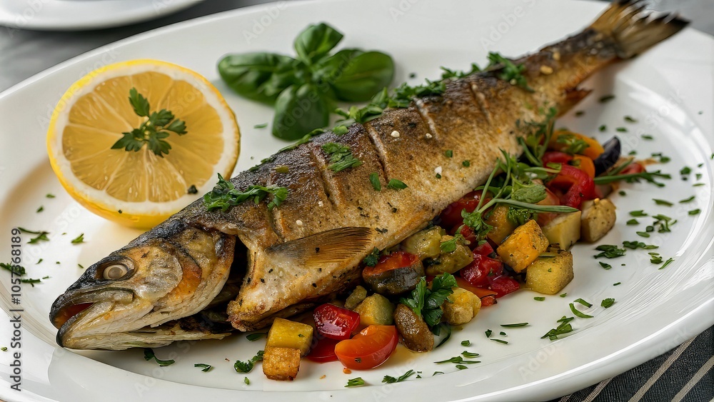 Grilled pike fish dish with vegetables and lemon garnish on white plate Grilled pike fish dish with vegetables and lemon garnish on white plate