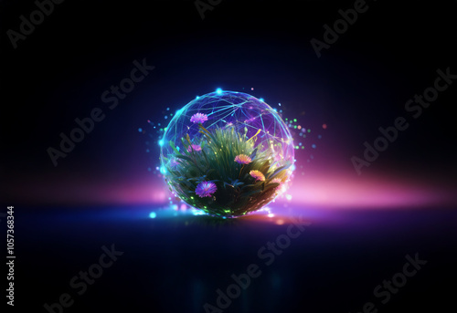 A glowing orb encases a vibrant, organic ecosystem of flowers and foliage. photo