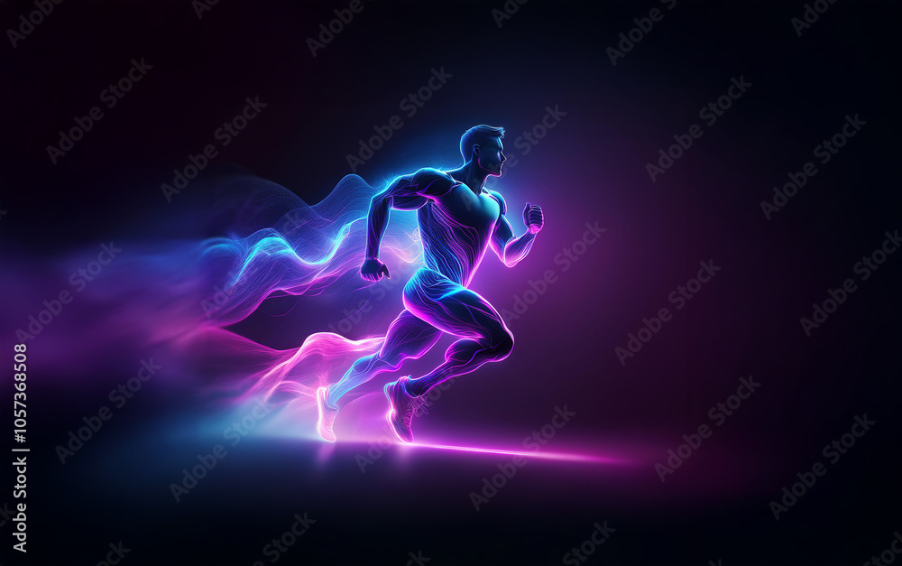 A silhouette of a runner with a glowing trail of light in the colors of blue, purple, and pink. A silhouette of a runner with a glowing trail of light in the colors of blue, purple, and pink.