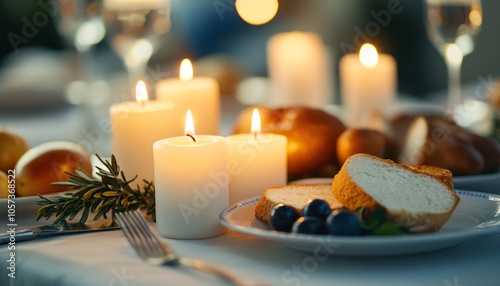 Festive Table Setting with Candles and Challah photo