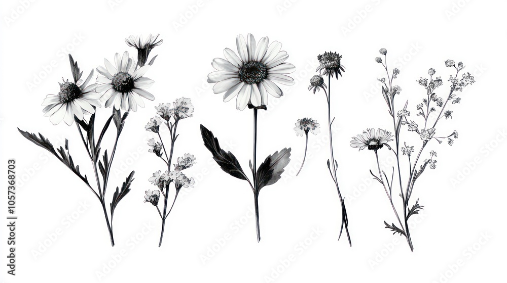Obraz premium A black and white clipart bundle of wildflowers, a daisy and chamomile flower, botanical floral isolated elements, and modern meadow flowers