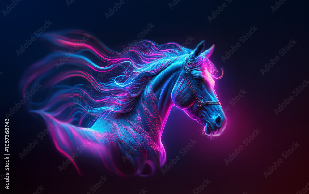 A horse head with a flowing mane and tail, rendered in glowing blue and pink hues against a dark background. A horse head with a flowing mane and tail, rendered in glowing blue and pink hues against a dark background.