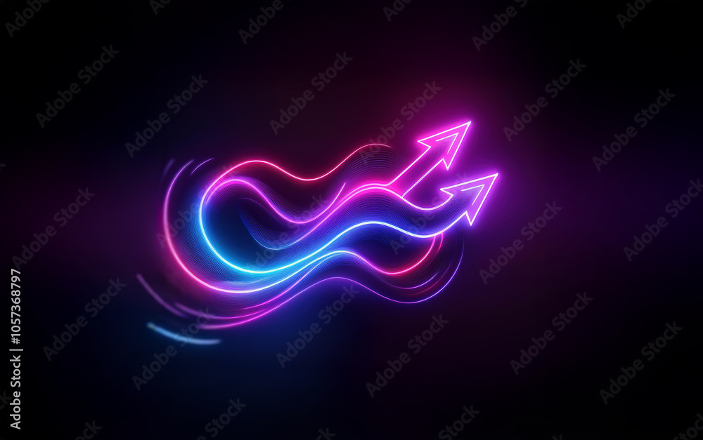 Neon glowing blue and pink arrows pointing upwards with wavy lines in the dark. Neon glowing blue and pink arrows pointing upwards with wavy lines in the dark.