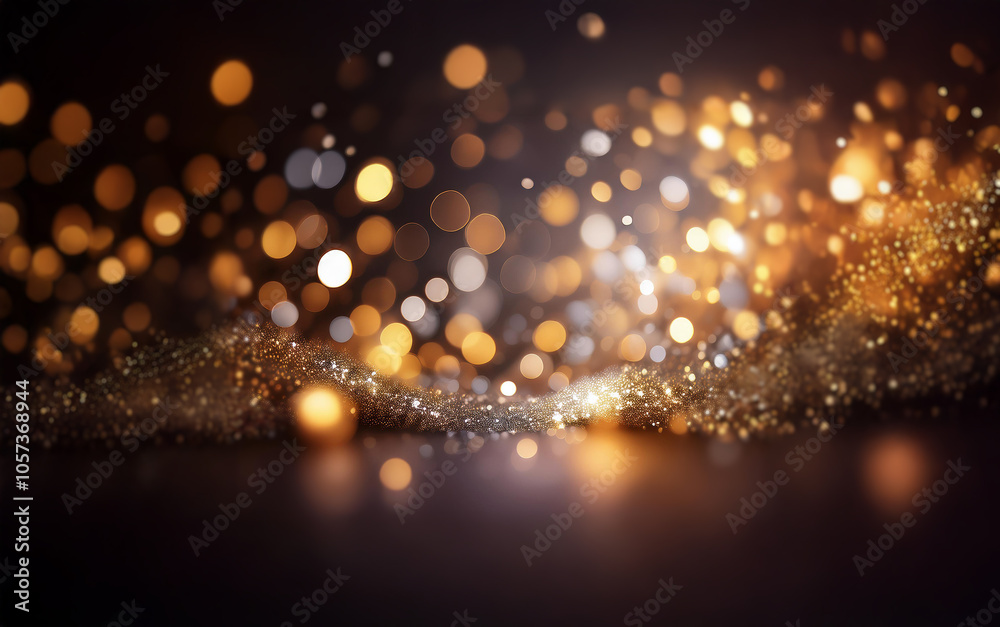 A dark background with an abstract design of swirling gold and white glitter creating bokeh effect. A dark background with an abstract design of swirling gold and white glitter creating bokeh effect.