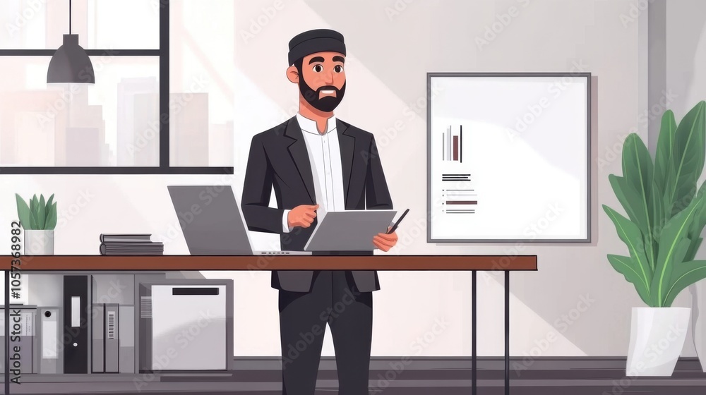 Muslim businessman delivering a presentation with a laptop and whiteboard, modern office Muslim businessman delivering a presentation with a laptop and whiteboard, modern office