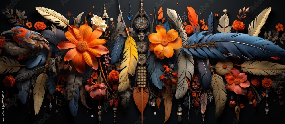 Naklejka premium A vibrant arrangement of flowers, feathers, and decorative elements in warm colors.