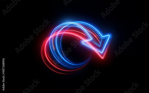 A glowing neon blue and red arrow spins in a circle against a black background.