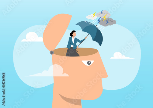 Human head with his self using umbrella to protect from heavy raining storm depression
