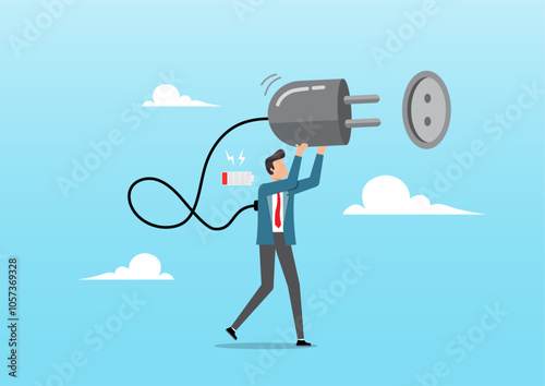 Exhausted overworked businessman plug electric to recharge energy