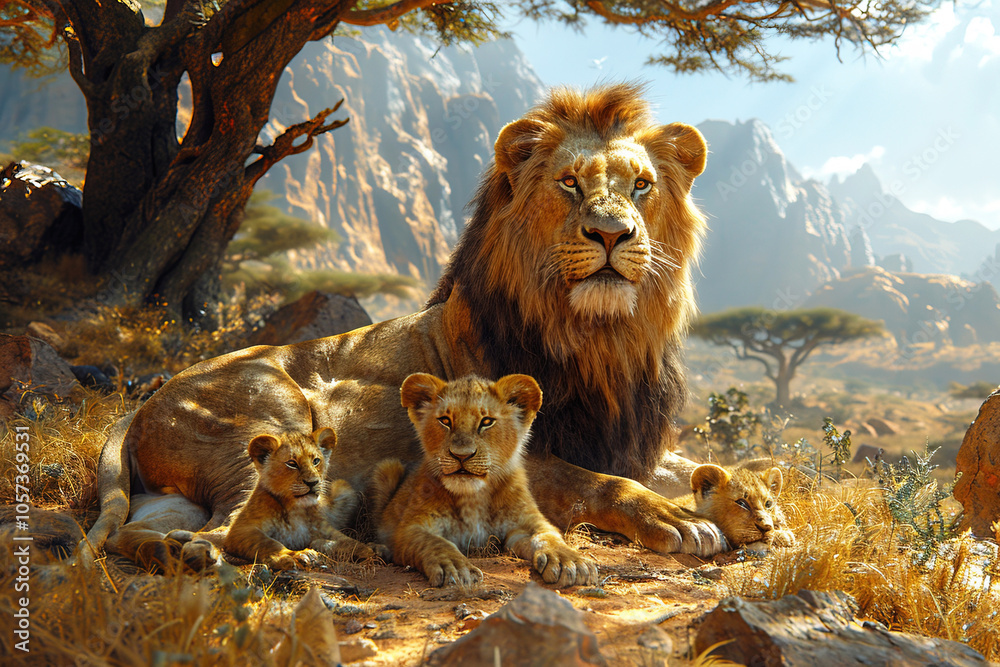 Naklejka premium lion with lioness, cubs lie near tree in African savannah, family of carnivorous predators.