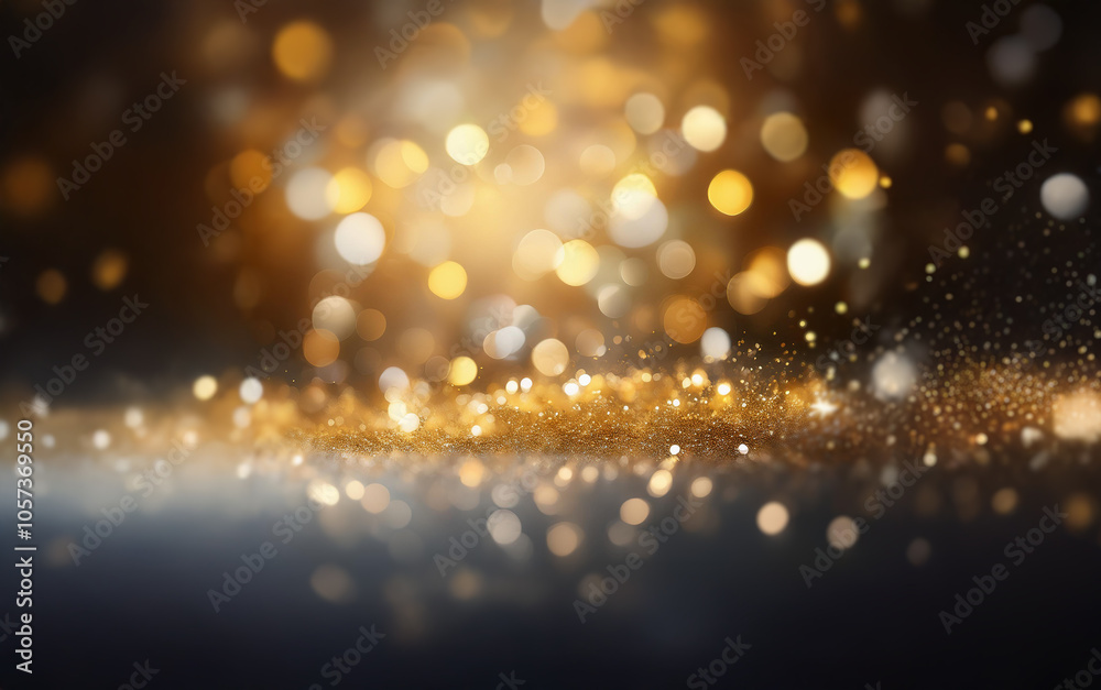 A dark background with a layer of shimmering gold glitter, with a blurry backdrop of golden lights. A dark background with a layer of shimmering gold glitter, with a blurry backdrop of golden lights.