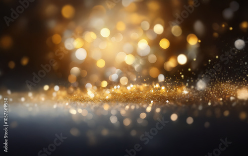 A dark background with a layer of shimmering gold glitter, with a blurry backdrop of golden lights.