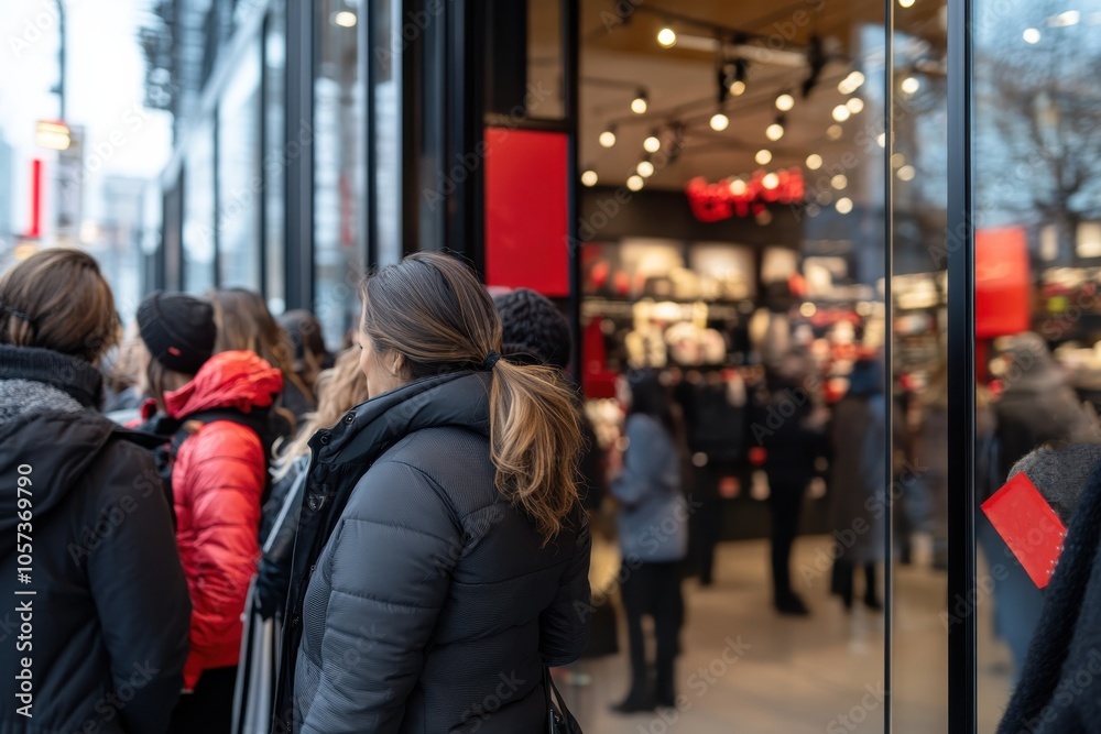 A bustling crowd of people in warm clothing are lined up outside a chic store, signaling a busy shopping day with lively activity and anticipation in the air. A bustling crowd of people in warm clothing are lined up outside a chic store, signaling a busy shopping day with lively activity and anticipation in the air.