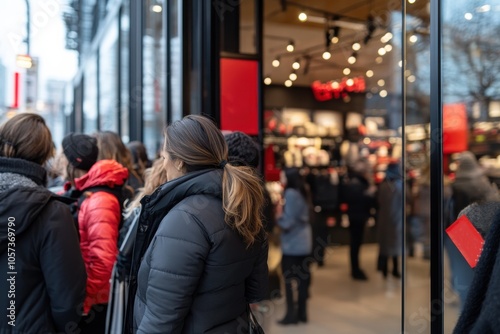 A bustling crowd of people in warm clothing are lined up outside a chic store, signaling a busy shopping day with lively activity and anticipation in the air. photo