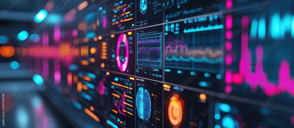 A futuristic digital dashboard with colorful graphs, charts, and data visualizations. A futuristic digital dashboard with colorful graphs, charts, and data visualizations.