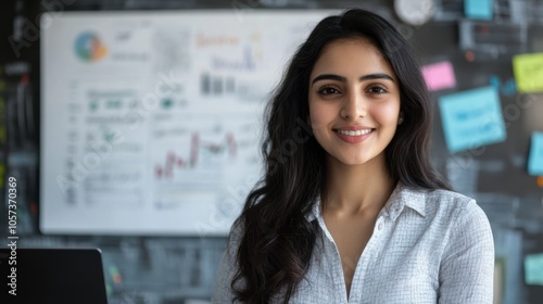 Pakistani businesswoman explaining a business plan on a whiteboard, with a laptop open