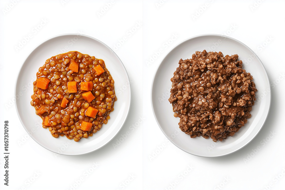 A plate of hearty lentil stew featuring vibrant orange carrots and rich, savory sauce, alongside bowl of textured lentils with deep brown hue. This comforting meal is perfect for any occasion A plate of hearty lentil stew featuring vibrant orange carrots and rich, savory sauce, alongside bowl of textured lentils with deep brown hue. This comforting meal is perfect for any occasion