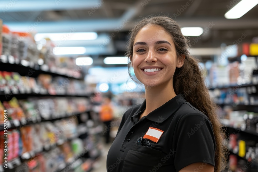 A young woman smiles brightly in a store aisle, surrounded by shelves filled with a variety of products, representing shopping and satisfaction. A young woman smiles brightly in a store aisle, surrounded by shelves filled with a variety of products, representing shopping and satisfaction.
