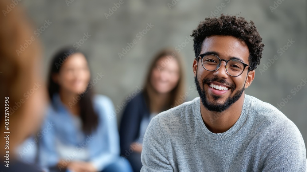Smiling business coach leading a mentoring session, diverse group of people sitting Smiling business coach leading a mentoring session, diverse group of people sitting
