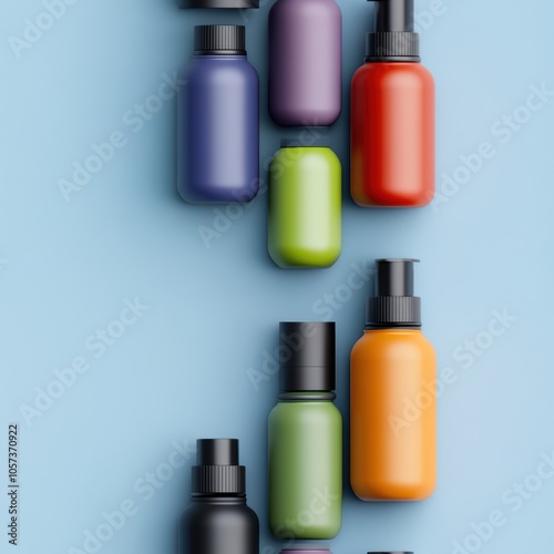 Colorful bottles of various shapes and sizes arranged on a light blue background, ideal for product promotion, packaging design inspiration, or cosmetic marketing materials,