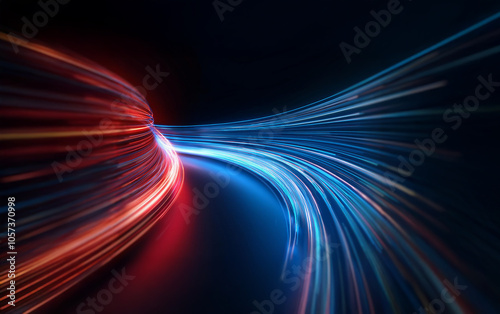 Abstract streaks of red and blue light move in opposite directions on a black background.