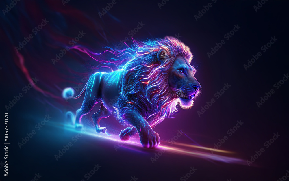 A majestic lion, radiating with vibrant blue and pink neon energy, sprints across a dark background. A majestic lion, radiating with vibrant blue and pink neon energy, sprints across a dark background.