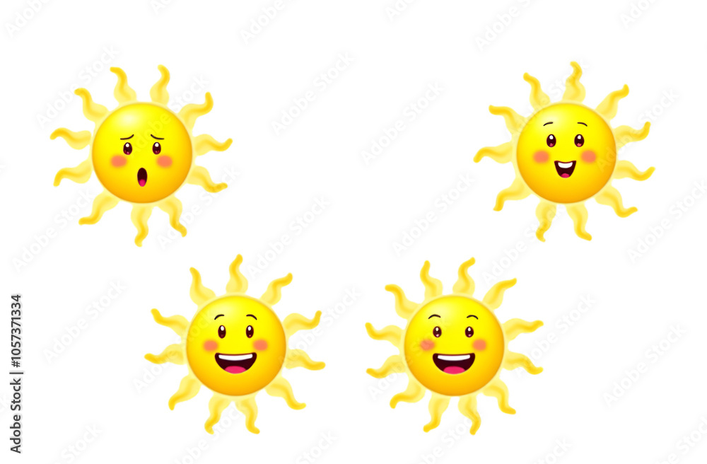 A collection of four cartoon suns with varying facial expressions, including happy, laughing, surprised isolated in transparent background