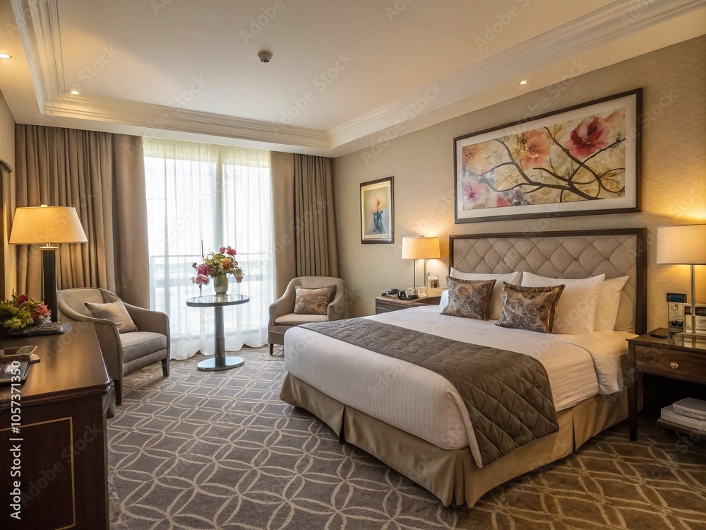 Fototapeta premium Elegant Hotel Room Interior with Modern Decor, Cozy Ambiance and Luxurious Touches for Hospitality and Travel