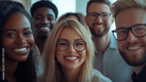 Team of smiling business people from different backgrounds in an office, reflecting success