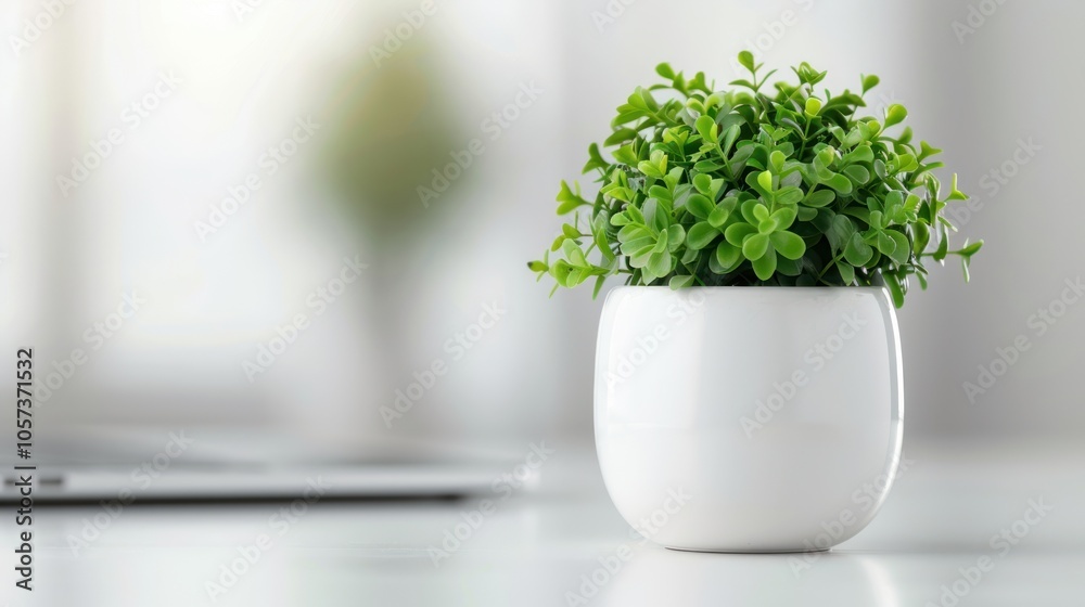 A small green potted plant sits on a desk, adding a touch of nature to a modern workspace. A small green potted plant sits on a desk, adding a touch of nature to a modern workspace.