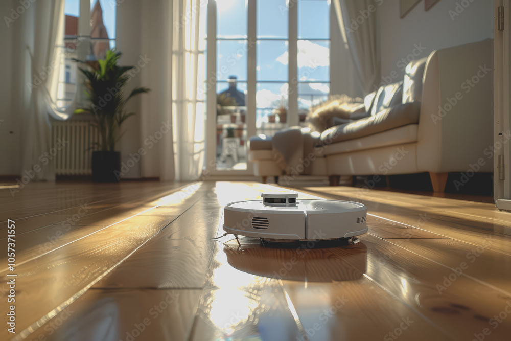 Fototapeta premium Happy robotic vacuum cleaner navigating a room, with a content smile as it cleans.