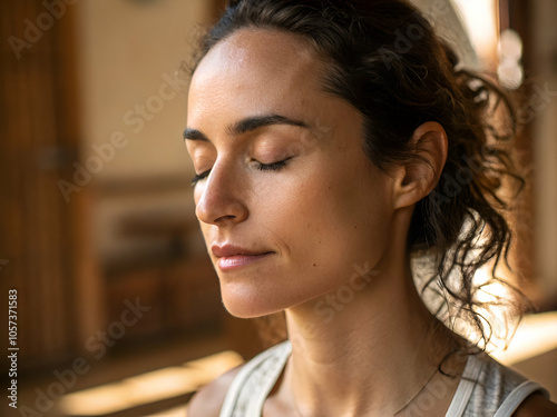 Serene Close-Up of Woman Meditating with Closed Eyes, Warm Natural Tones