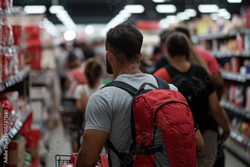 View from behind of a group of shoppers navigating through a busy supermarket aisle, each person focused on selecting their groceries amid the crowd.