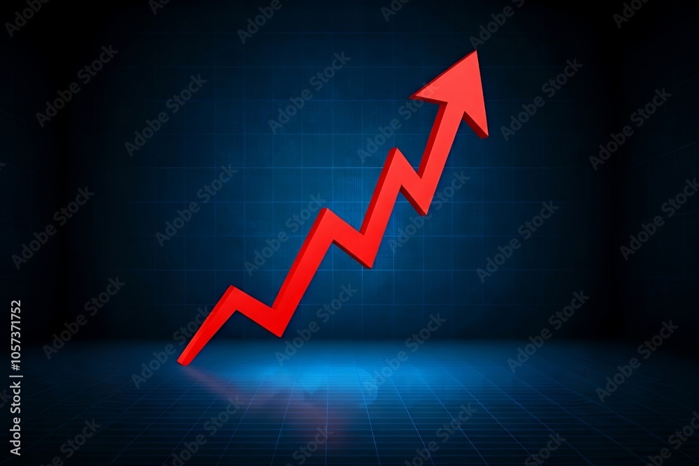 3D red rising arrow indicating growth on a blue digital grid background. 3D red rising arrow indicating growth on a blue digital grid background.