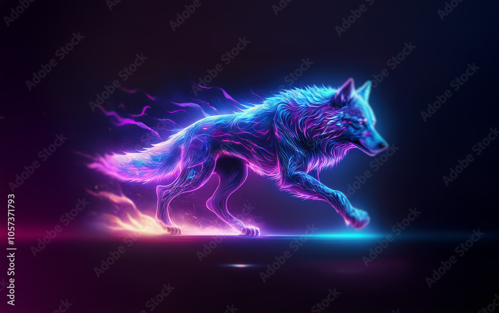 Fototapeta premium A neon wolf with glowing fur runs across a dark surface, leaving a trail of iridescent flames behind it.